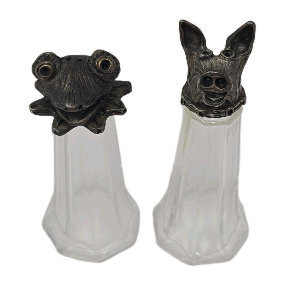 Cast Design Pewter Frog & Pig Head Salt & Pepper Shaker USA - 5" T Glass Bottom